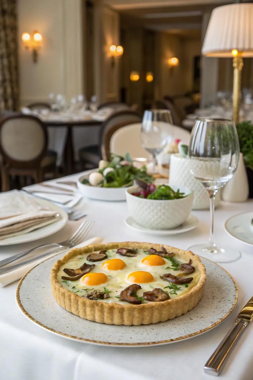 An egg and mushroom tart provides an elegant and gourmet display.