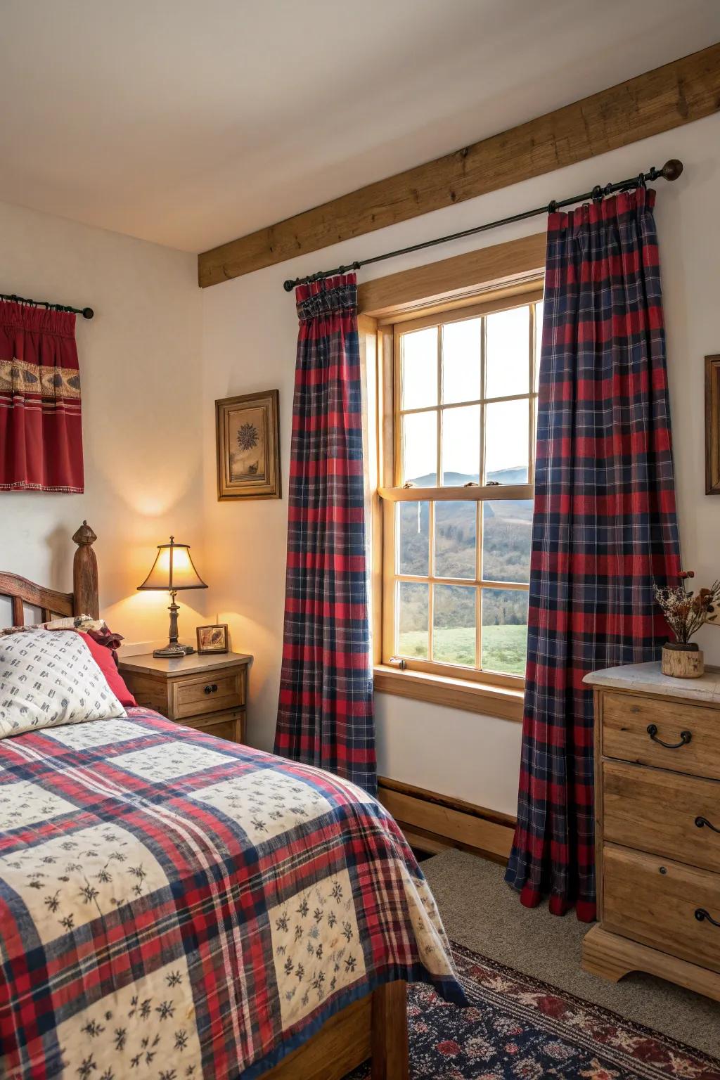 Plaid coverings conveying warmth and nostalgia to a snug countryside bedchamber.