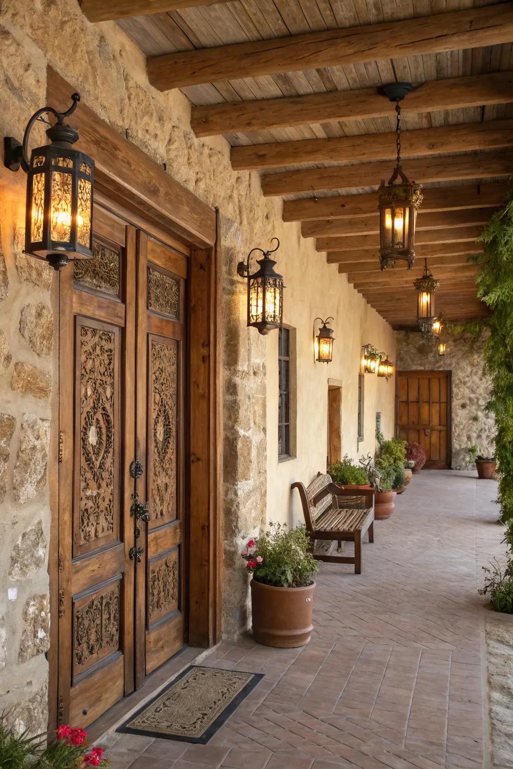 A warm and inviting farmhouse entryway illuminated by candle lanterns.