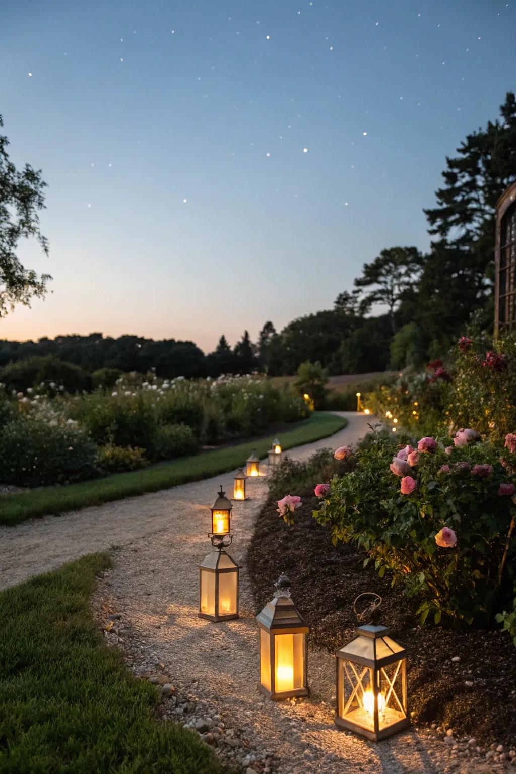 Lights brighten grounds paths beautifully.