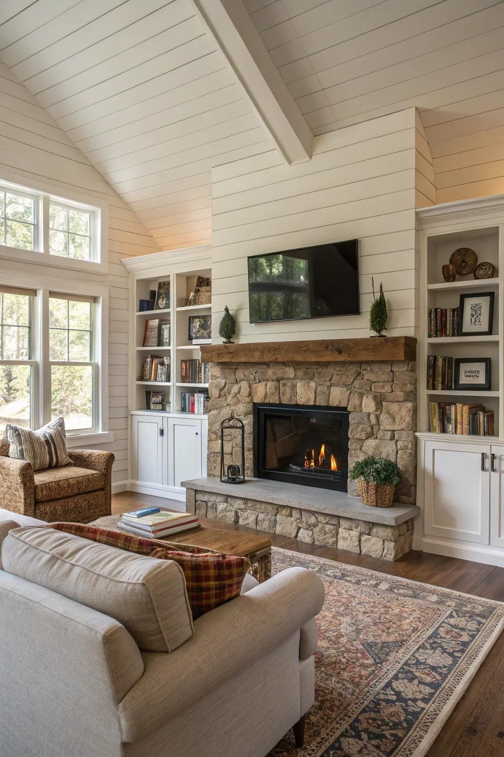 A wraparound planking wall crafts a cohesive and unified appearance.