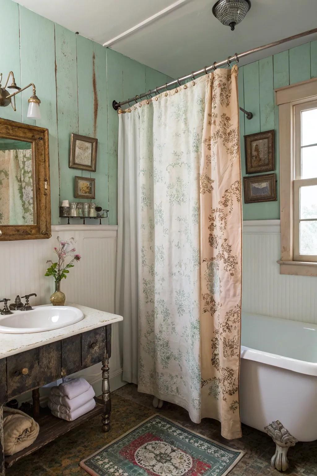 A lavatory featuring a weathered aesthetic shower drape and vintage decor elements.