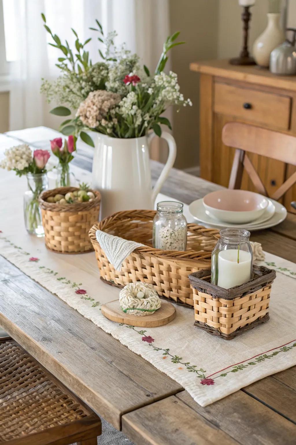 Weaved containers infuse texture and usability onto the table.