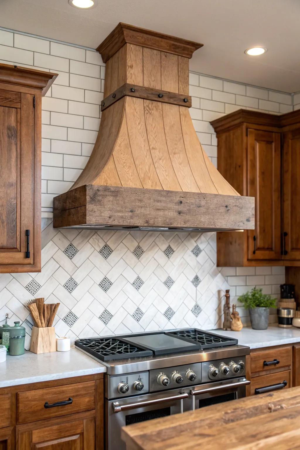A tile backsplash highlights the beauty of a timber vent hood.