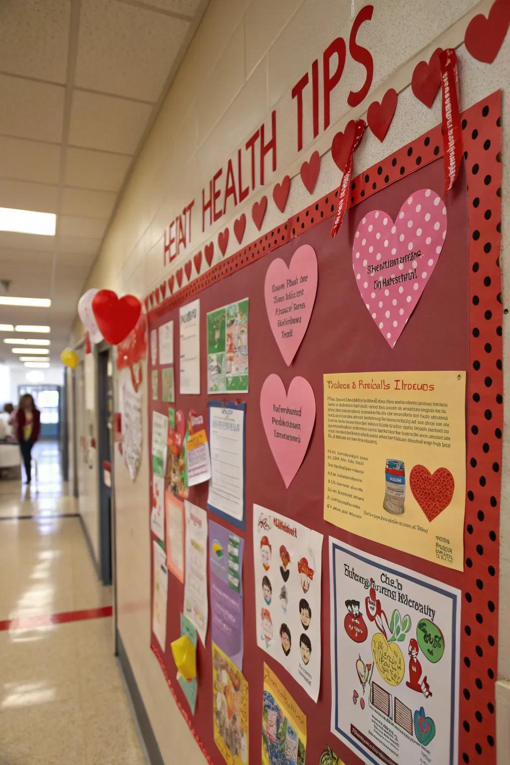 A heart robustness-themed bulletin board featuring wellness tips.