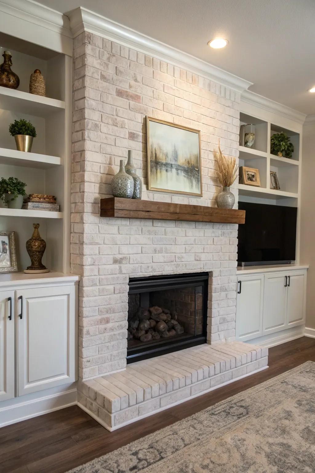 A fresh coating of paint revitalizes this brick fireplace.