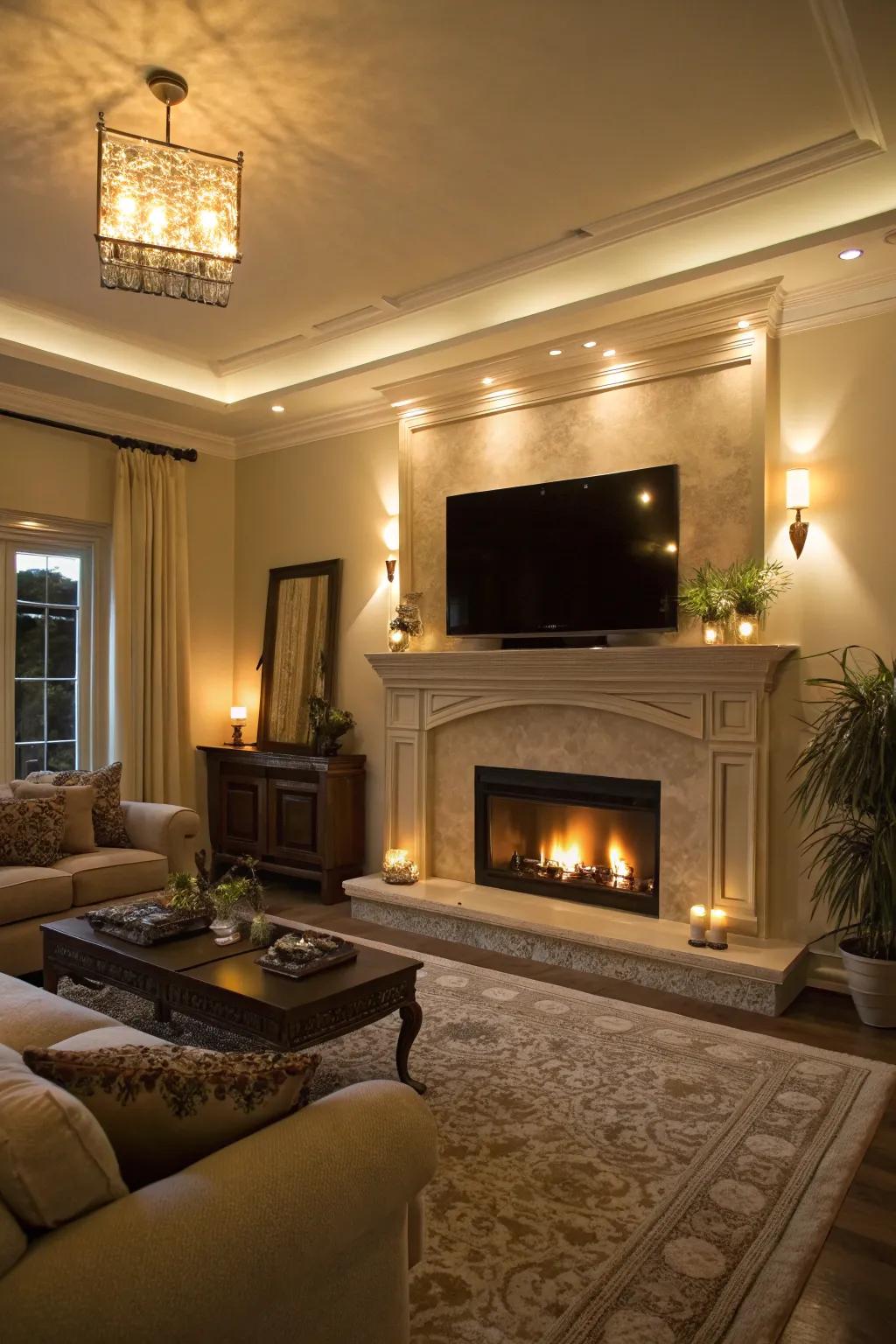 Warm illumination features highlight a fireplace and TV in a living area.