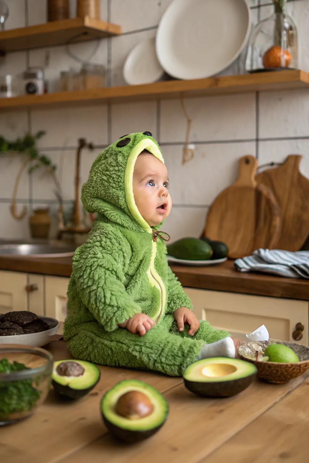A whimsical avocado getup for a delightful Halloween debut.