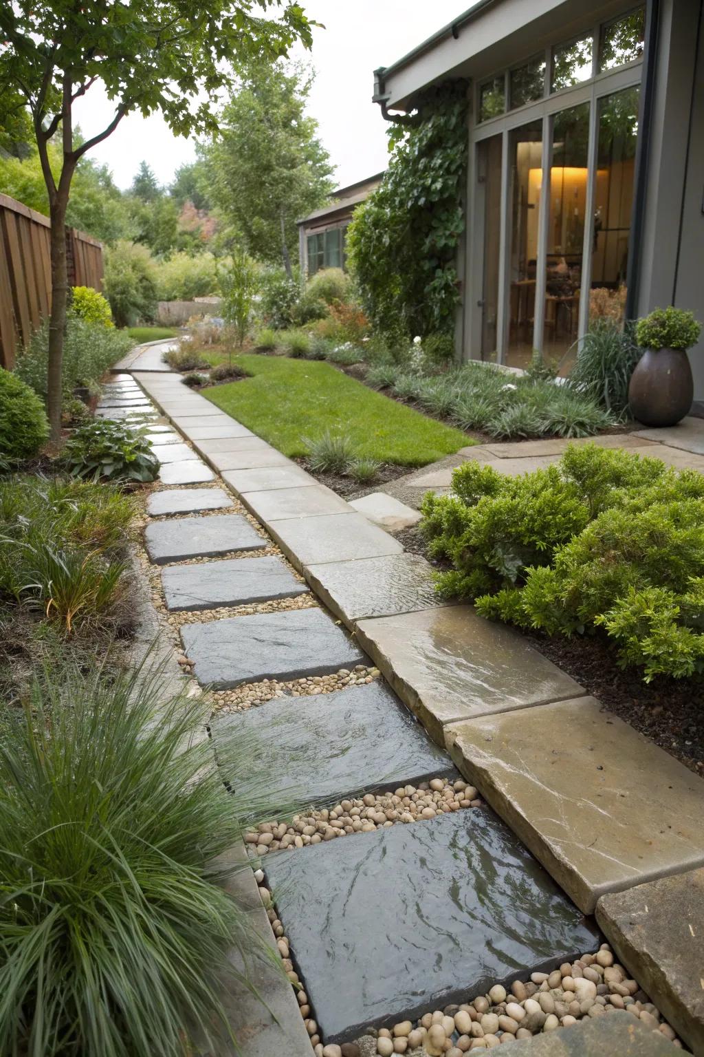 A sustainable stone path designed for effective water flow.
