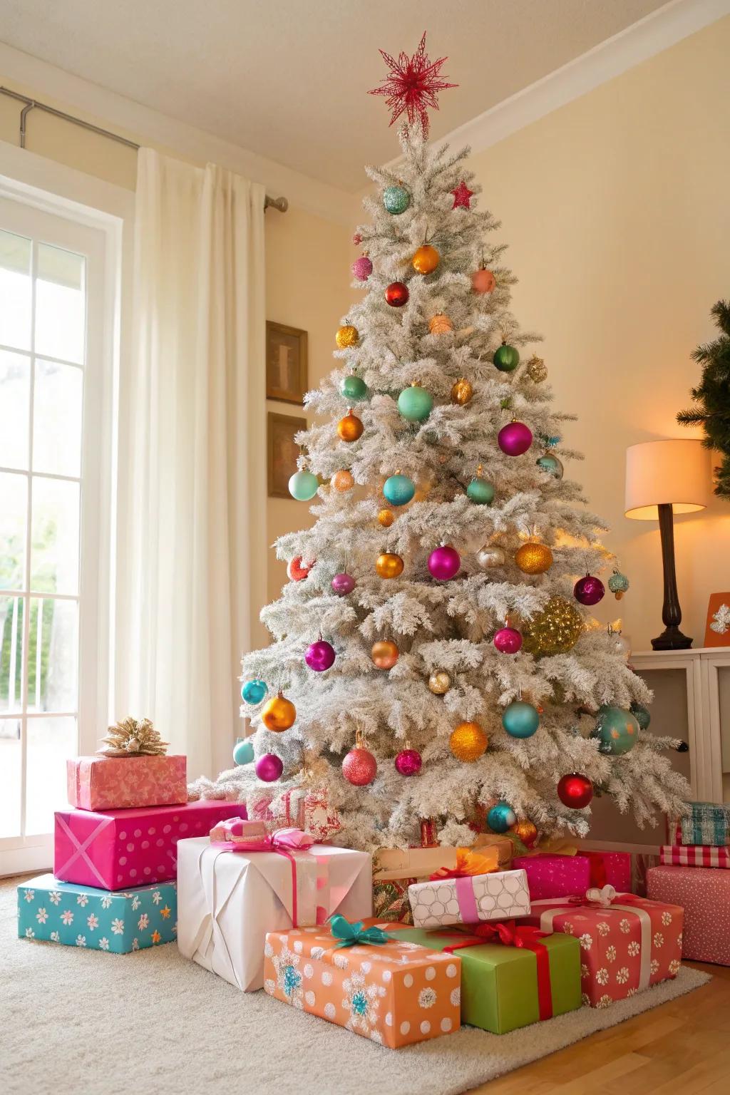 A chromatic commotion-themed flocked Christmas tree.