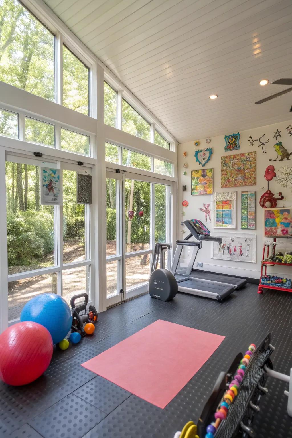 Practical sunroom featuring elastic flooring.