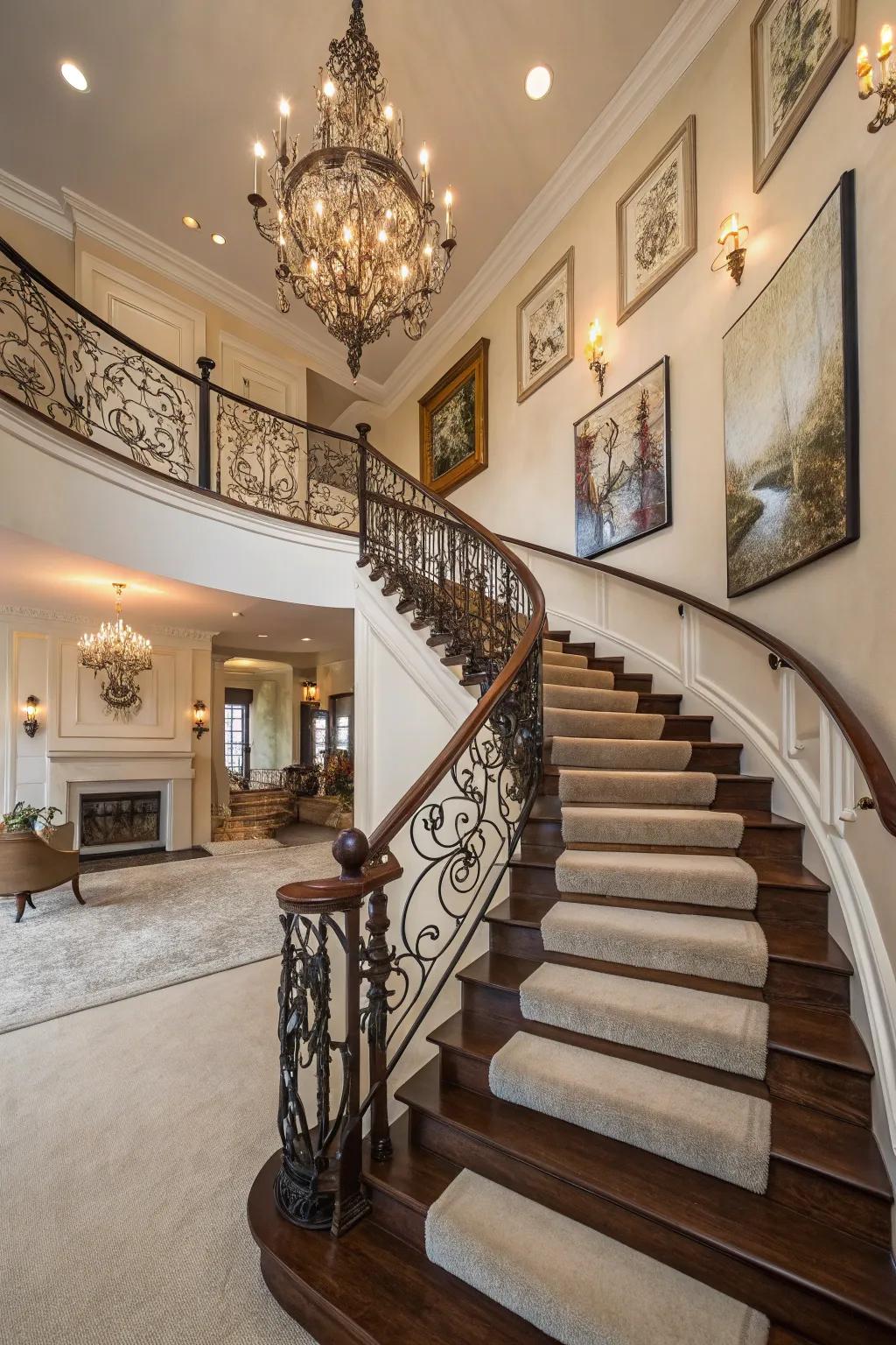 Dark stained staircases fashion a striking and sophisticated ambiance.