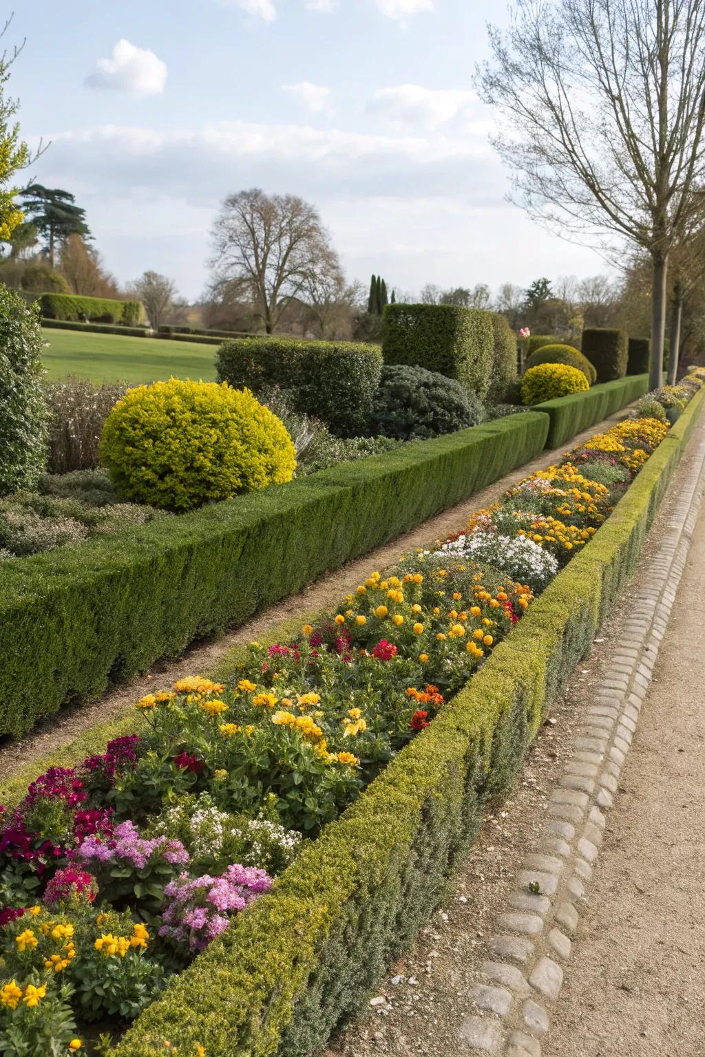 A neat and orderly floral perimeter showcasing formal edging through the application of boxwood hedges.