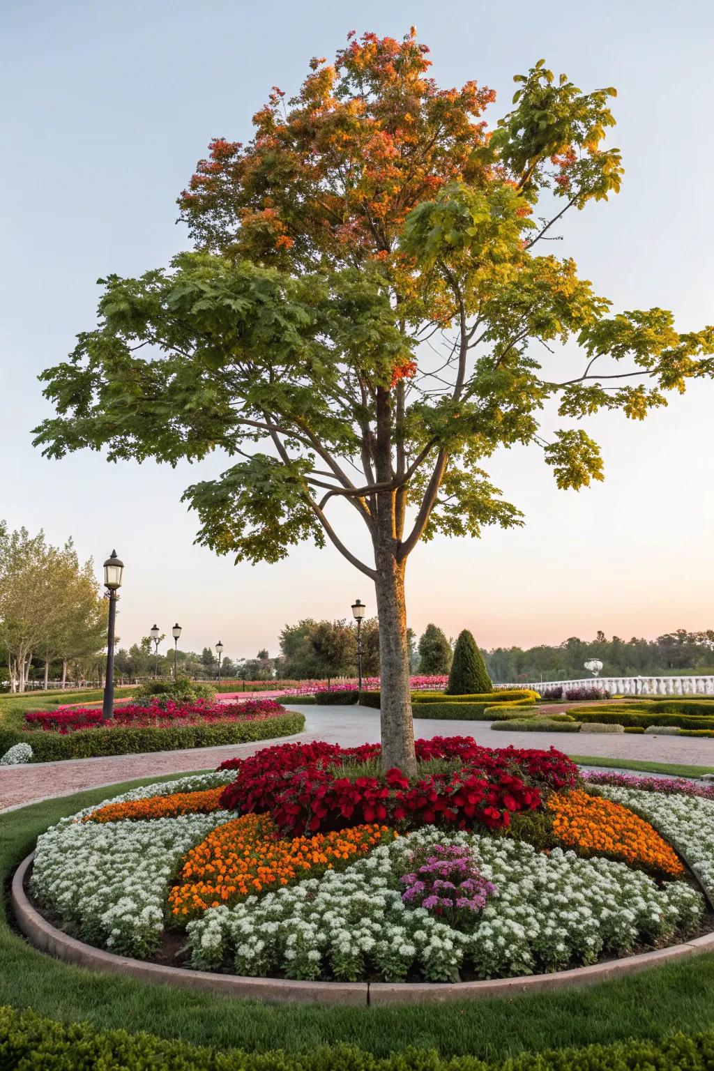 A styled flower bed crafts a personalized hideaway surrounding this tree.