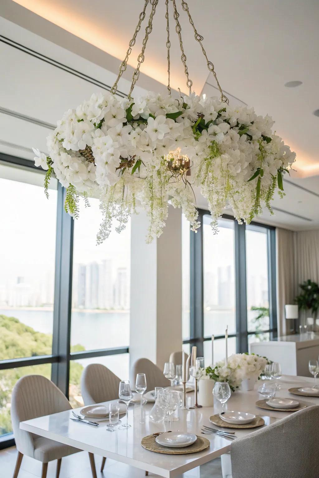 An ivory floral chandelier making a show-stopping assertion.