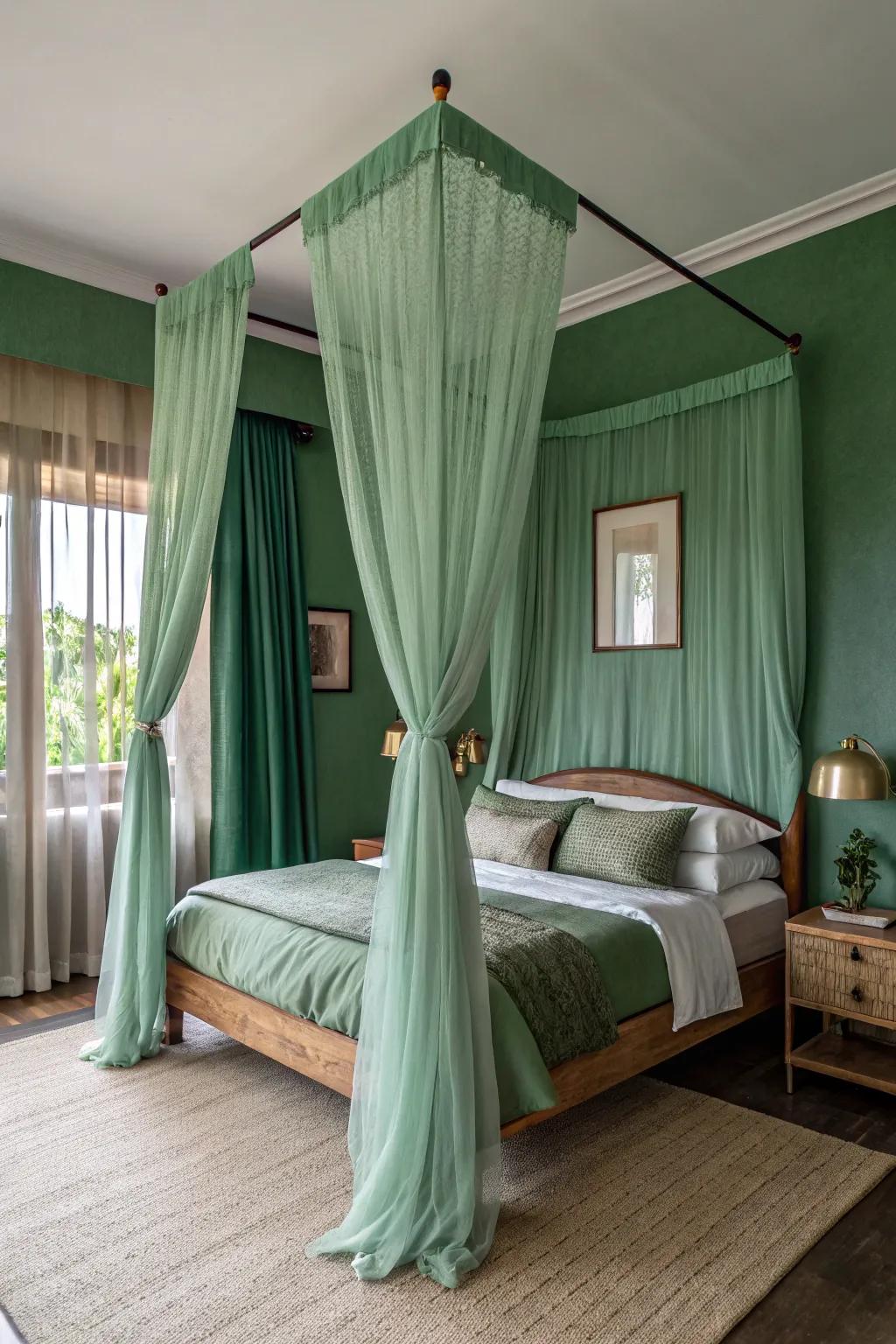 A green canopy bed incorporates grandeur and snugness to your personal space.