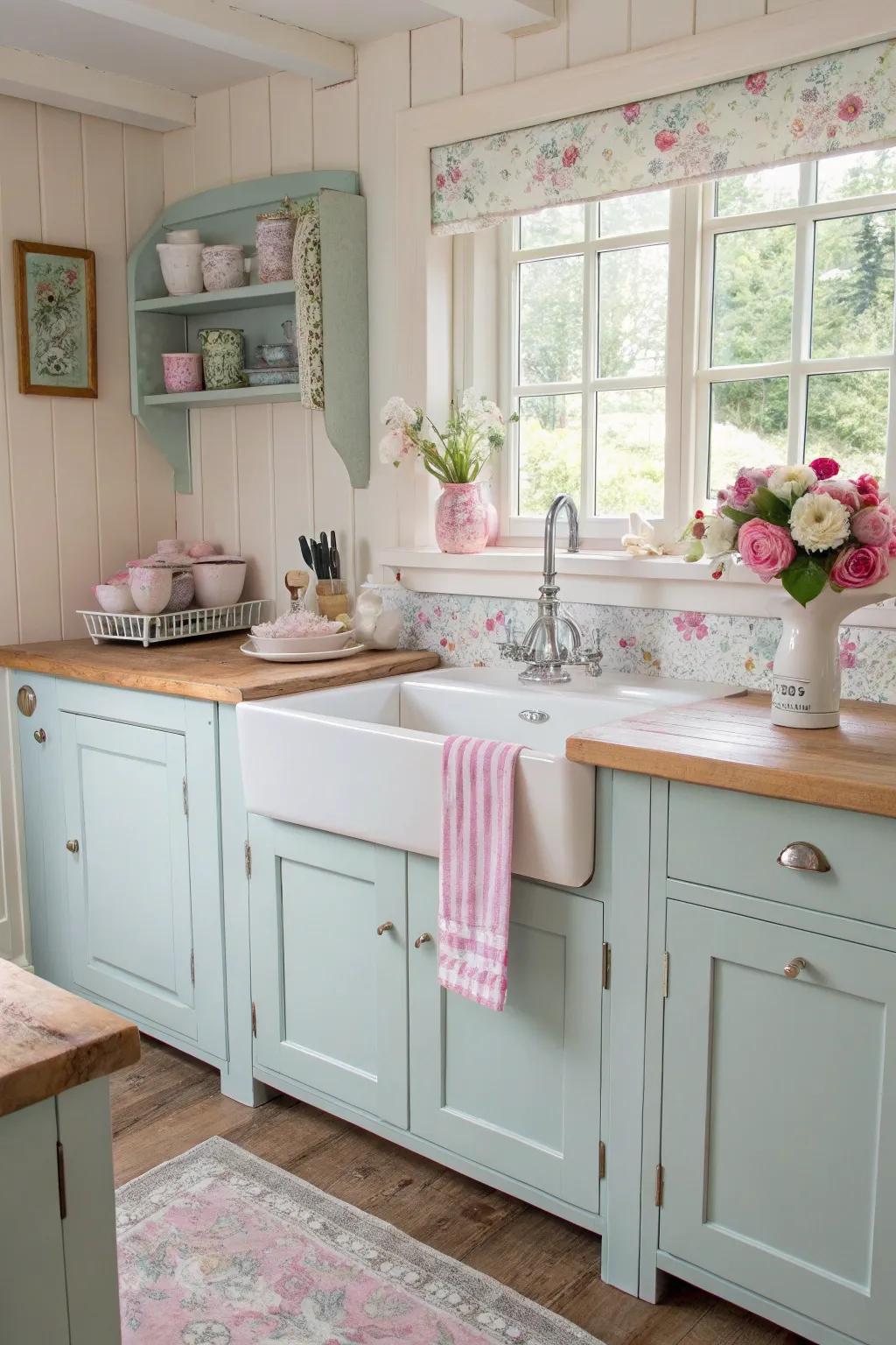 A cottage-style kitchen area with soft pastel colors and an attractive independent sink.