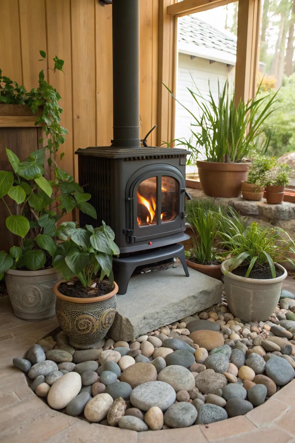 The environment around the fireplace is made more tranquil by the natural components.