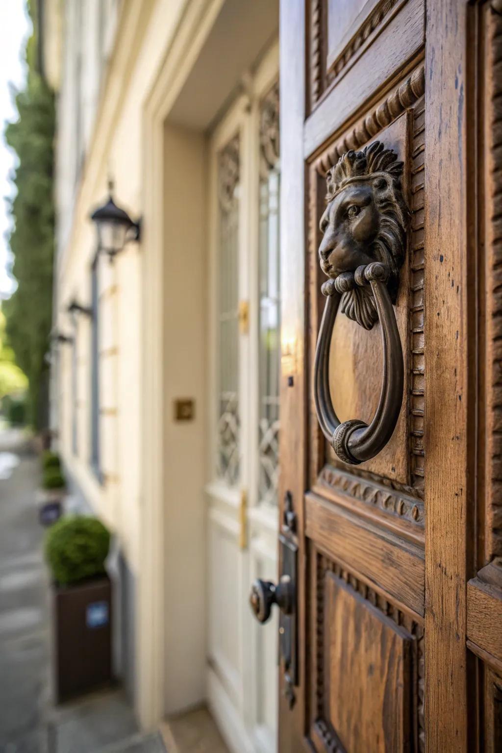 An artistic door knocker functions as a delightful detail.