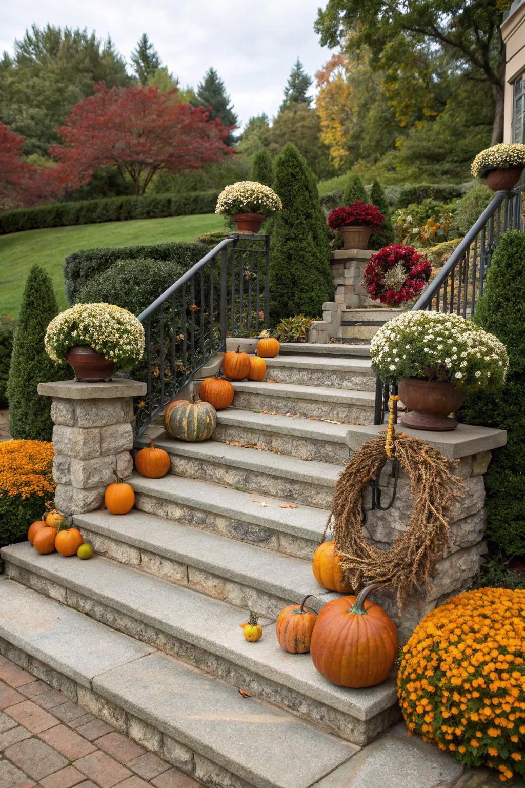 Seasonal decor adds festive charm to granite steps.