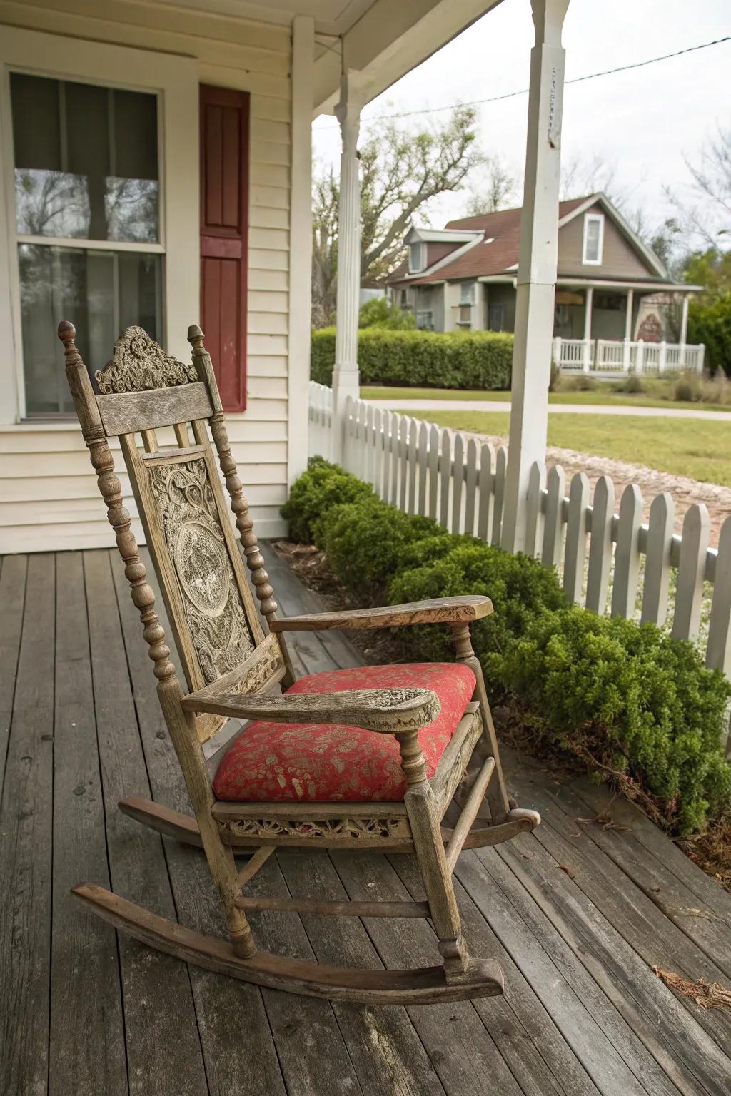 A distinctive vintage rocker works as a focal point on this porch.