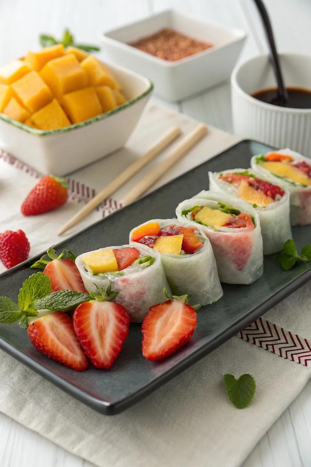 Fruit sushi rolls provide a fun and surprising twist.