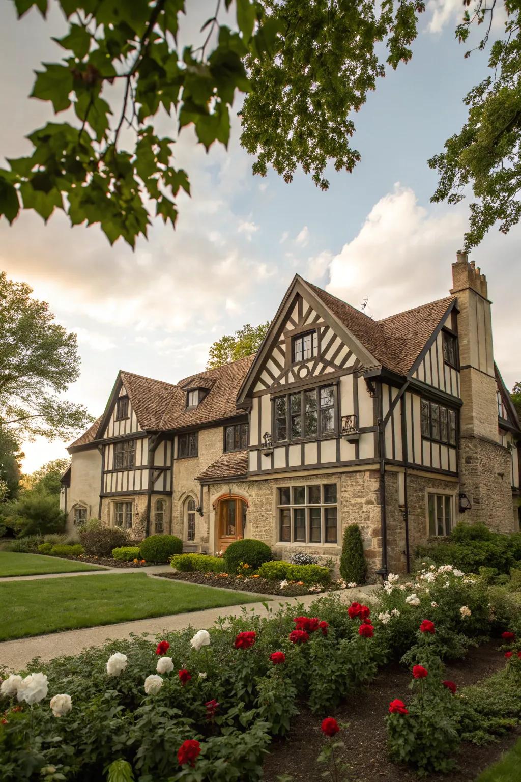 Tudor-style peaks add storybook charm.