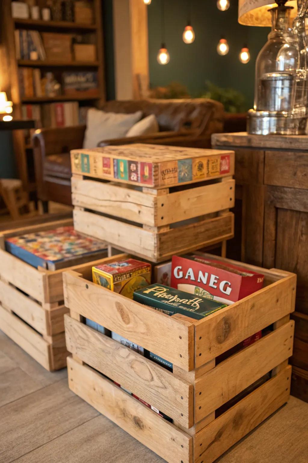 Timber crates enrich your storage strategy with a provincial atmosphere.