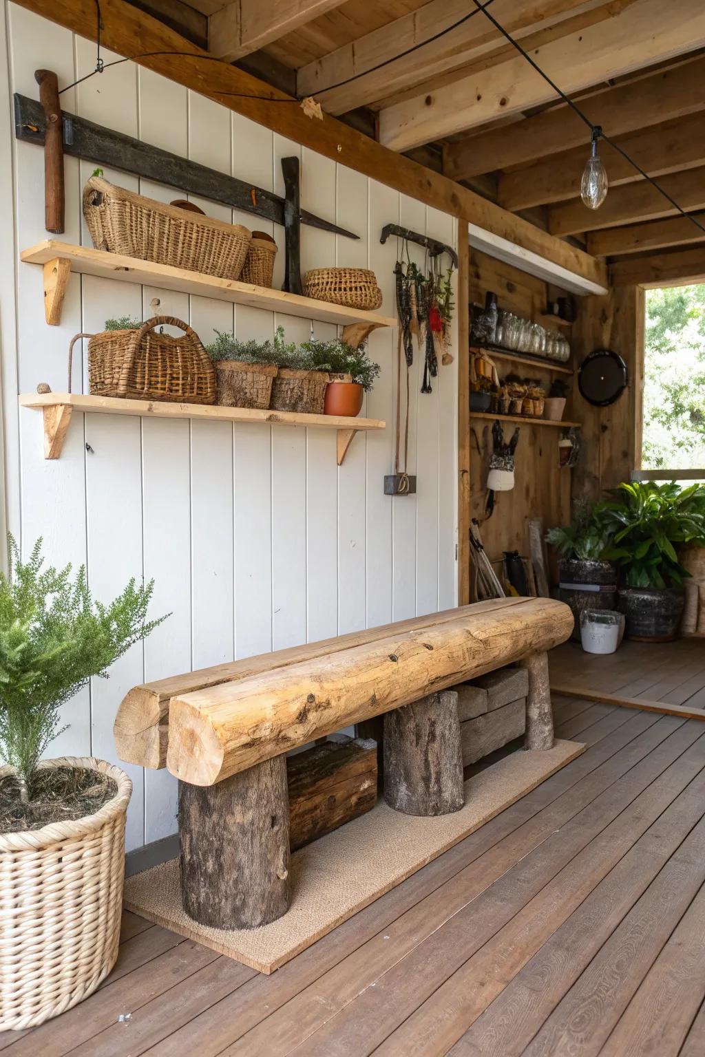 A rustic log bench brings the warmth of nature into your garage.