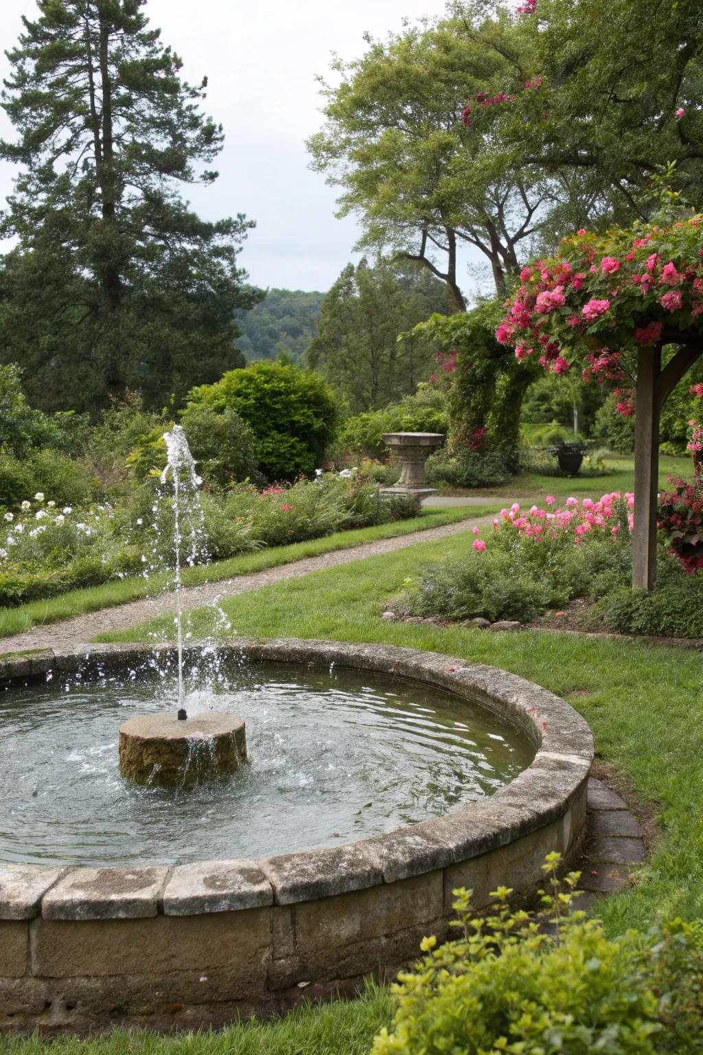 A peaceful water feature nestled within a garden.