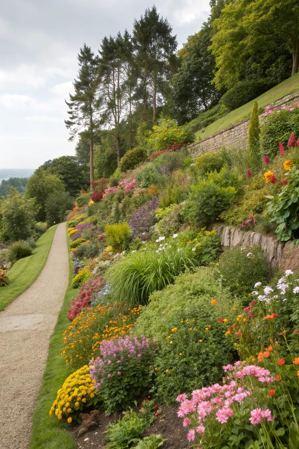 Assorted perennial edges extend a vibrant exhibition throughout the seasons on a slope.