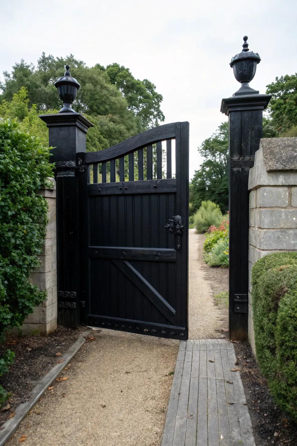 A striking black gate makes a dramatic statement.