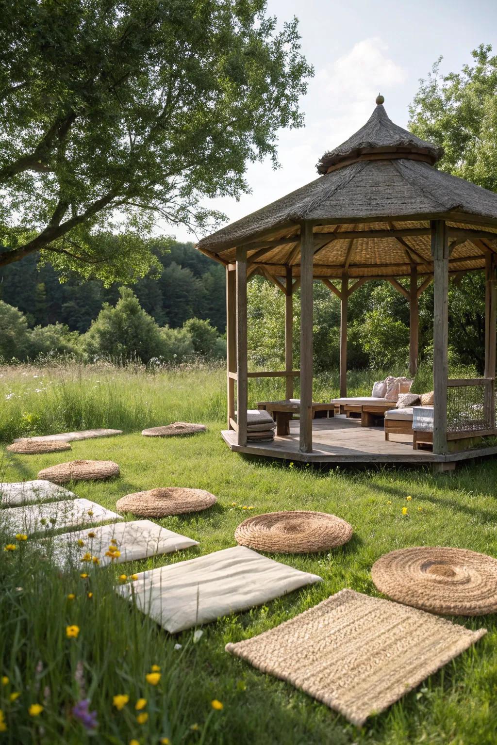 Woven lawn mats offer a tactile, natural extension of the grassy surroundings.