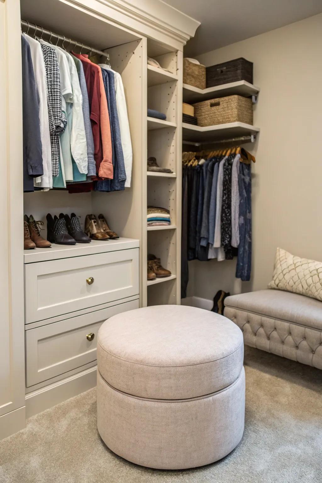 A seating sector transfigures your closet into a personal sanctuary.