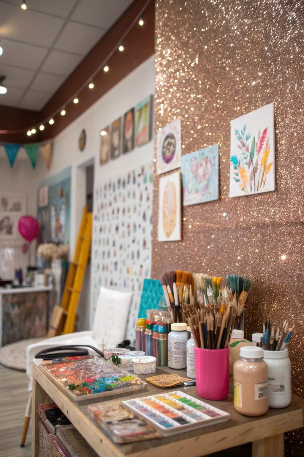 A <strong><em>glitter accent wall</em></strong> inspires an art space.” loading=”lazy” class=”pimg”>
	</picture><figcaption>A <strong><em>glitter accent wall</em></strong> inspires an art space.</figcaption></figure>
<p>In an art space, a <strong><em>glitter accent wall</em></strong> can offer endless inspiration. The shimmering wall can ignite creativity and drive artistic endeavors.</p>
<h3>Products that could assist:</h3>
<ul class=