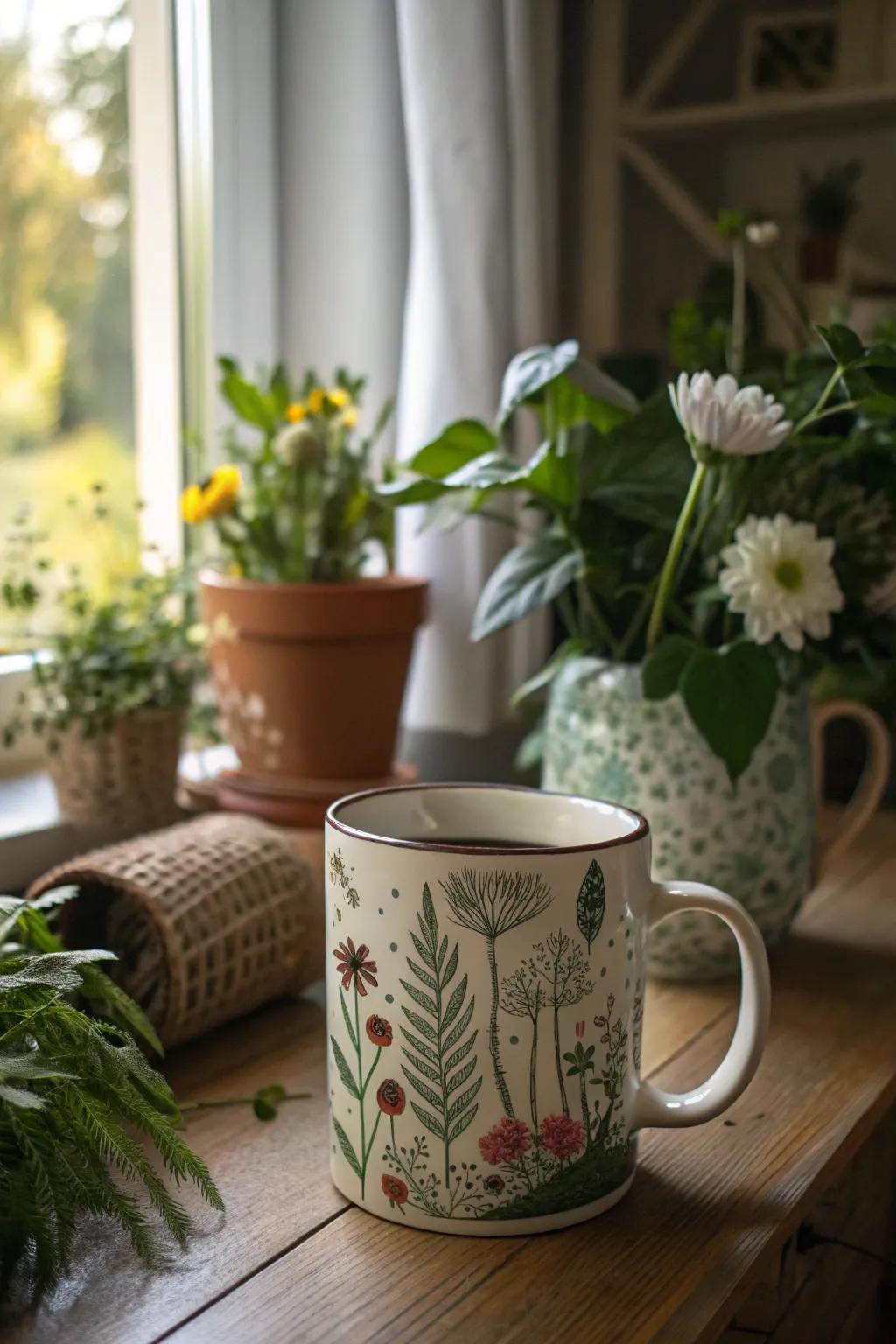 A mug importing the splendor of nature indoors.