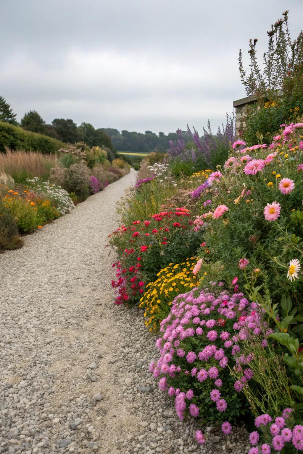 A vibrant stone garden with a rotation of seasonal flowers