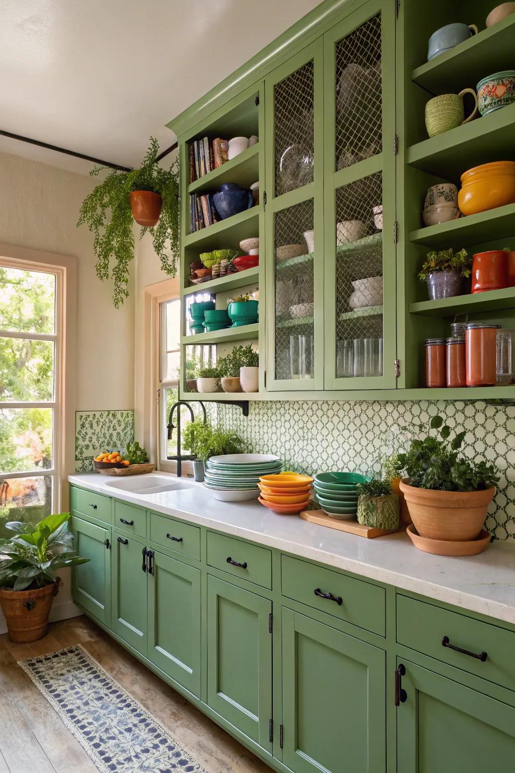 Airy culinary space featuring green cabinets and fashionable display shelving.