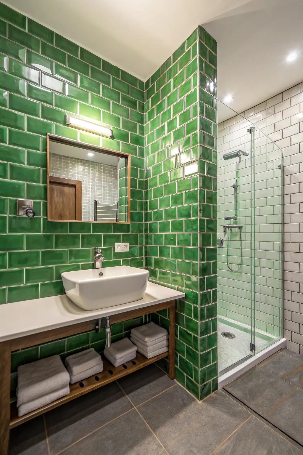 Bold color and texture are added by <strong><em>green brick</em></strong> walls.” loading=”lazy” class=”pimg”>
	</picture><figcaption>Bold color and texture are added by <strong><em>green brick</em></strong> walls.</figcaption></figure>
<p>Adding texture and color to your bathroom is possible with a <strong><em>green brick</em></strong> tile wall. It’s a daring option that has the potential to turn the space into something genuinely remarkable.</p>
<h3>Items that may come in handy:</h3>
<ul class=