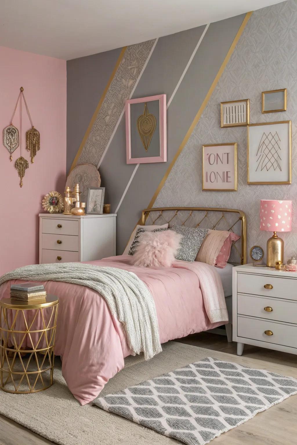 Metallic accents add a touch of luxury to the pink and grey decor.
