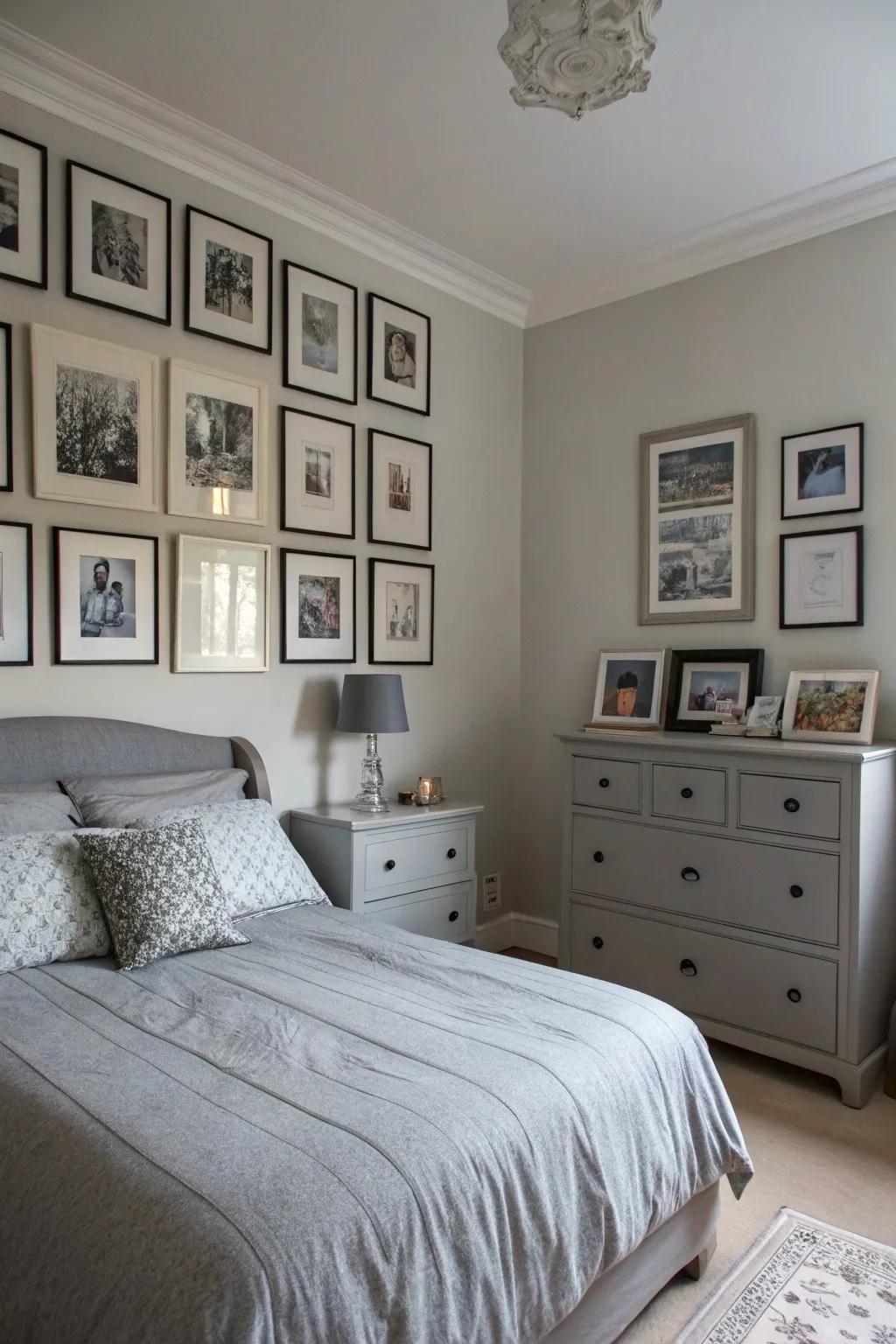 A wall art layout with grey frames personalizes the space.