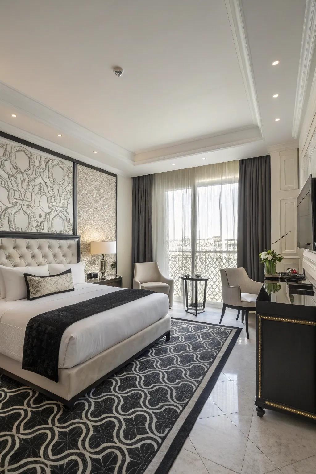 A chic guest room showcasing an ageless black and white palette.