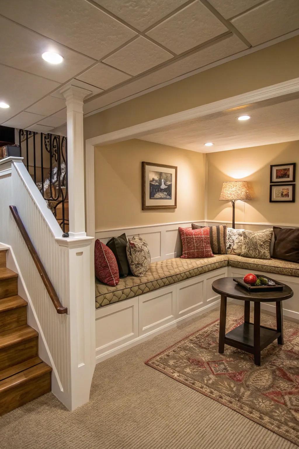 A seating area enhances coziness and appeal.