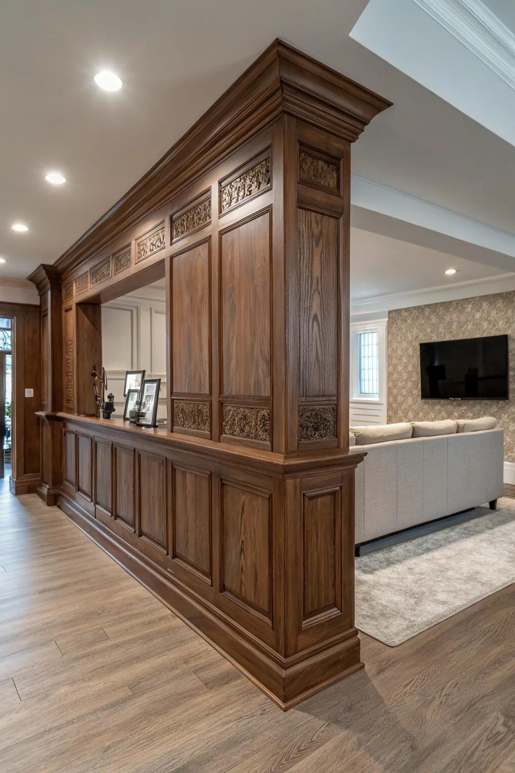 Elevate your space with a masterfully crafted half-wall that blends art with architecture.