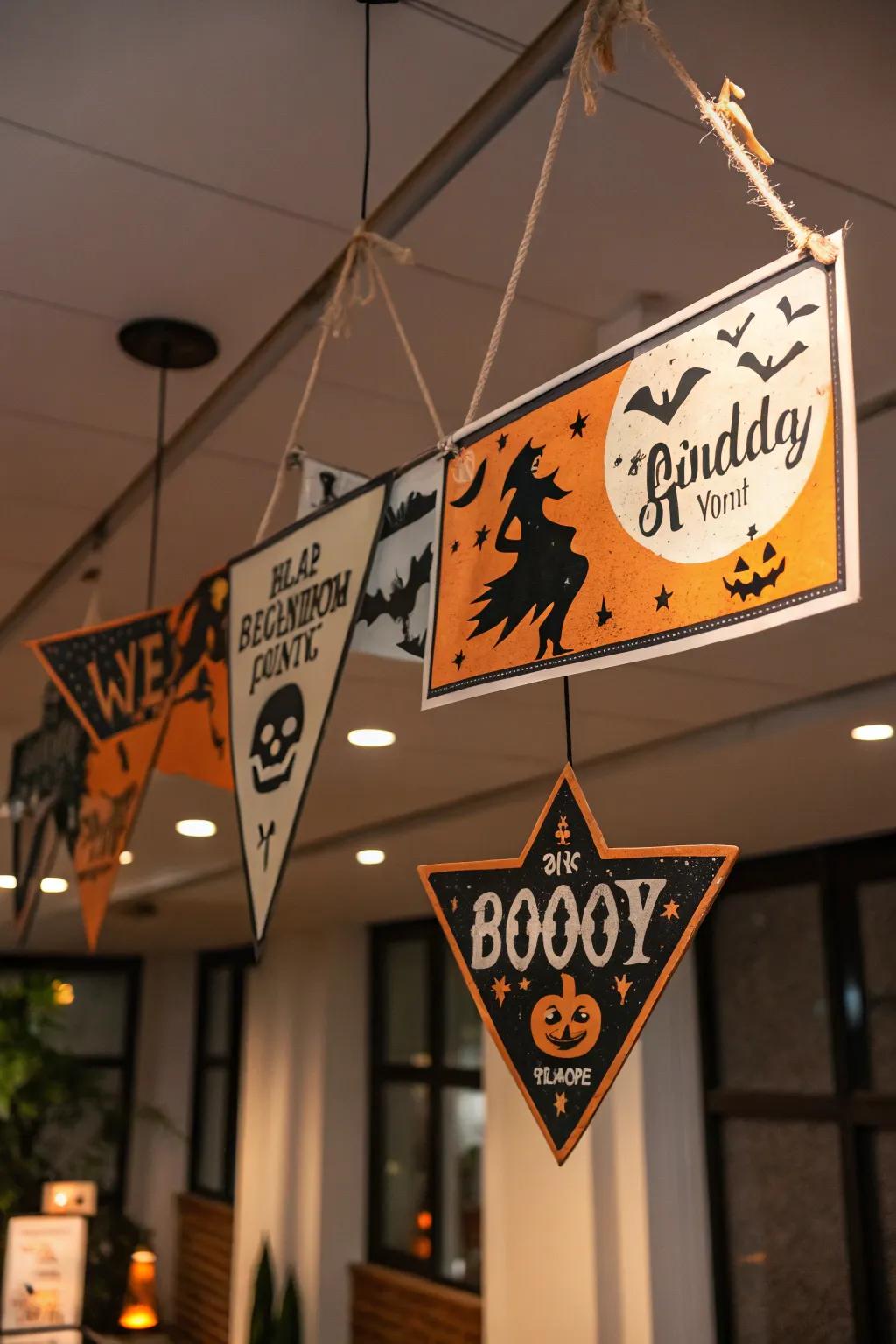 Floating placards forging an ethereal Halloween atmosphere.