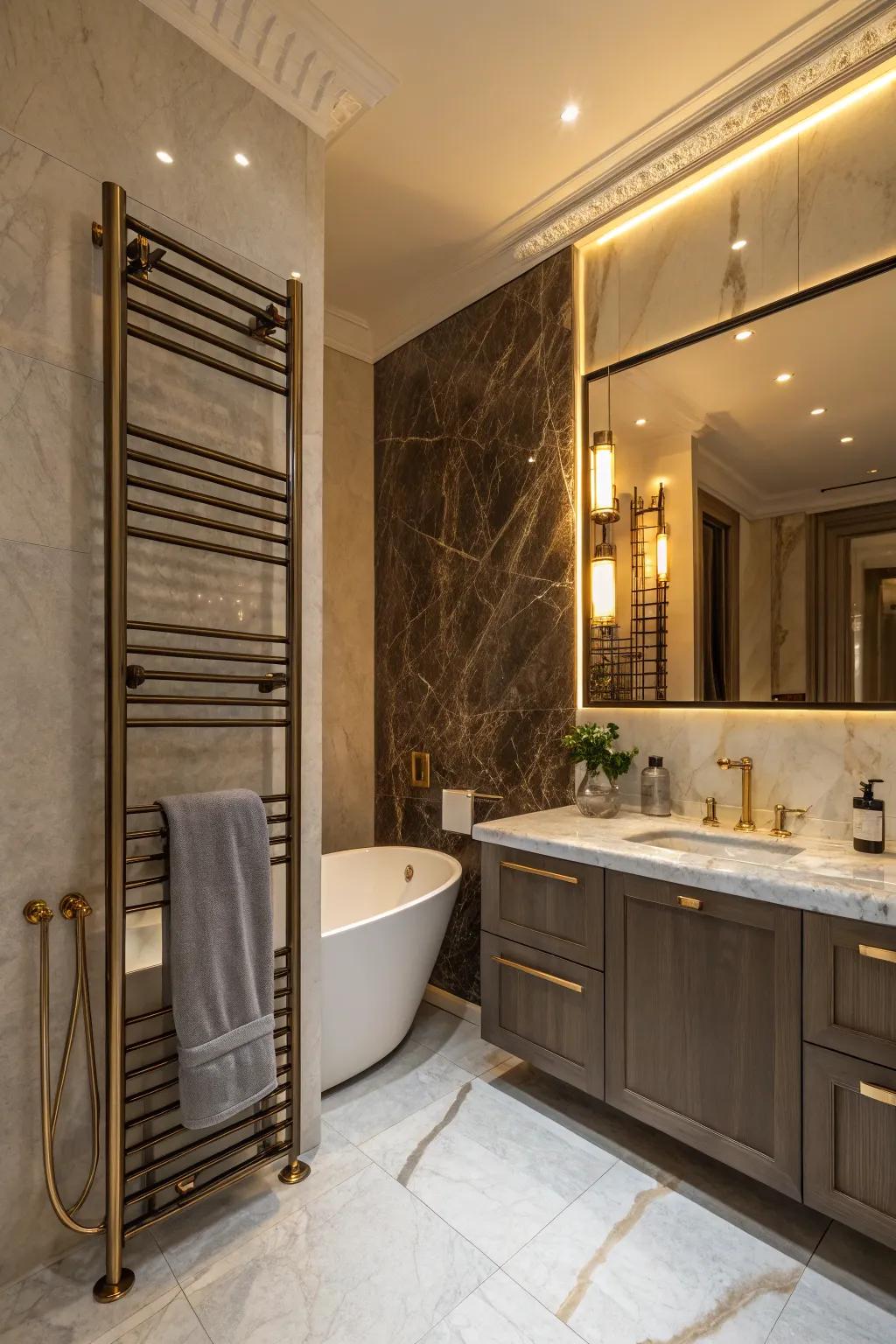 A stunning bathroom featuring a heated fabric rail that adds a touch of warmth and luxury.