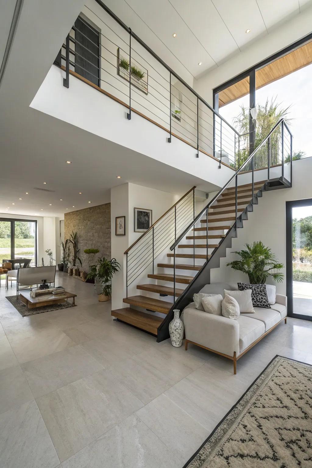 A striking suspended staircase elevates modern elegance.
