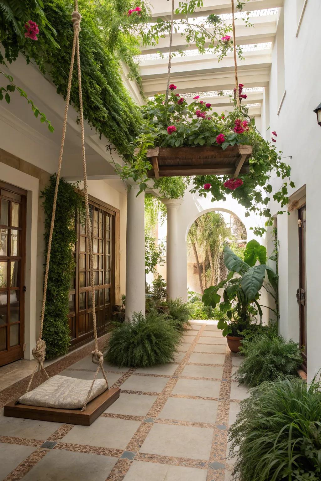 A whimsical hanging garden and swing adding surprise to a sun court.