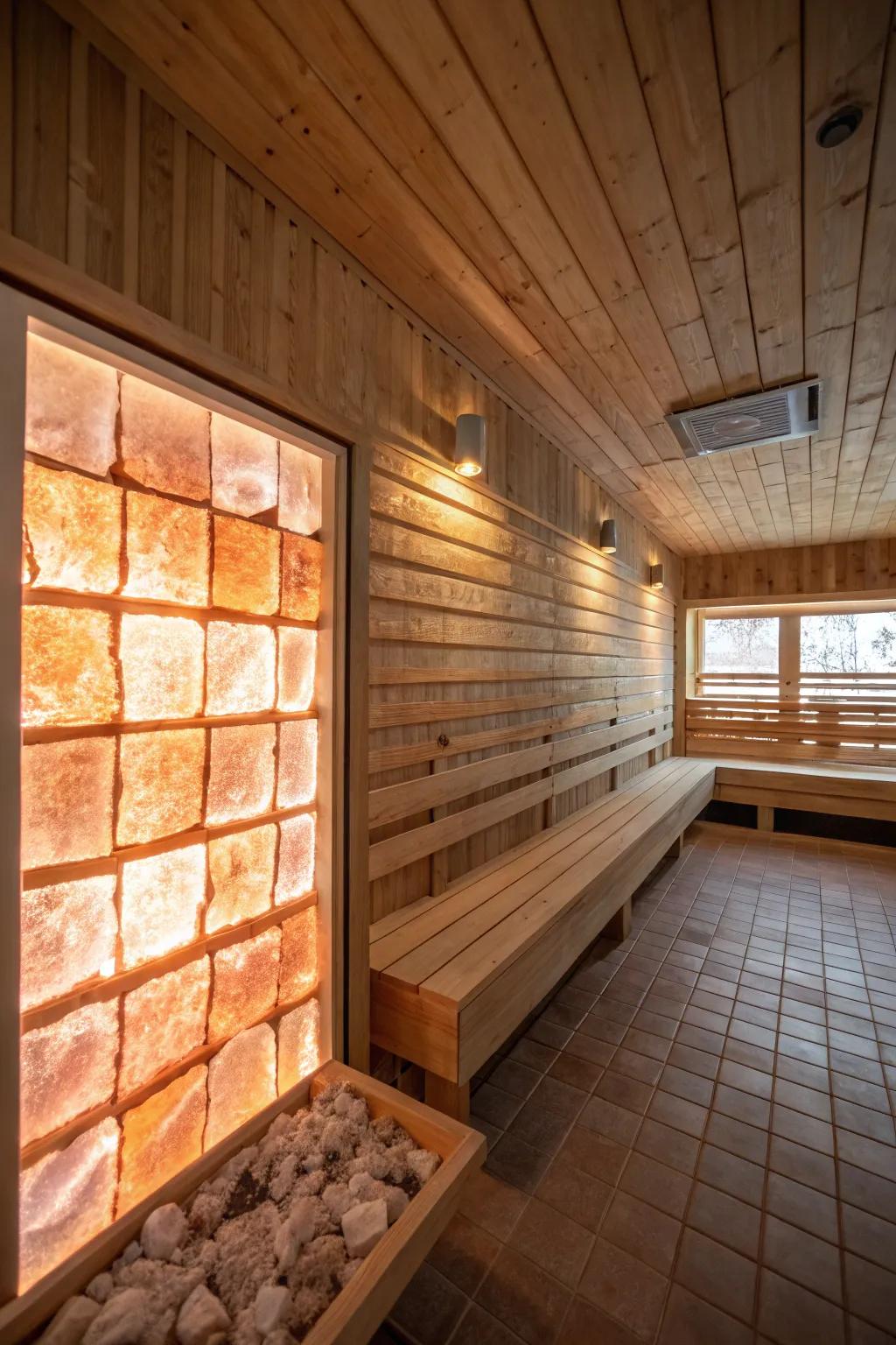 A salt partition brings health benefits and a serene glow to this sauna.