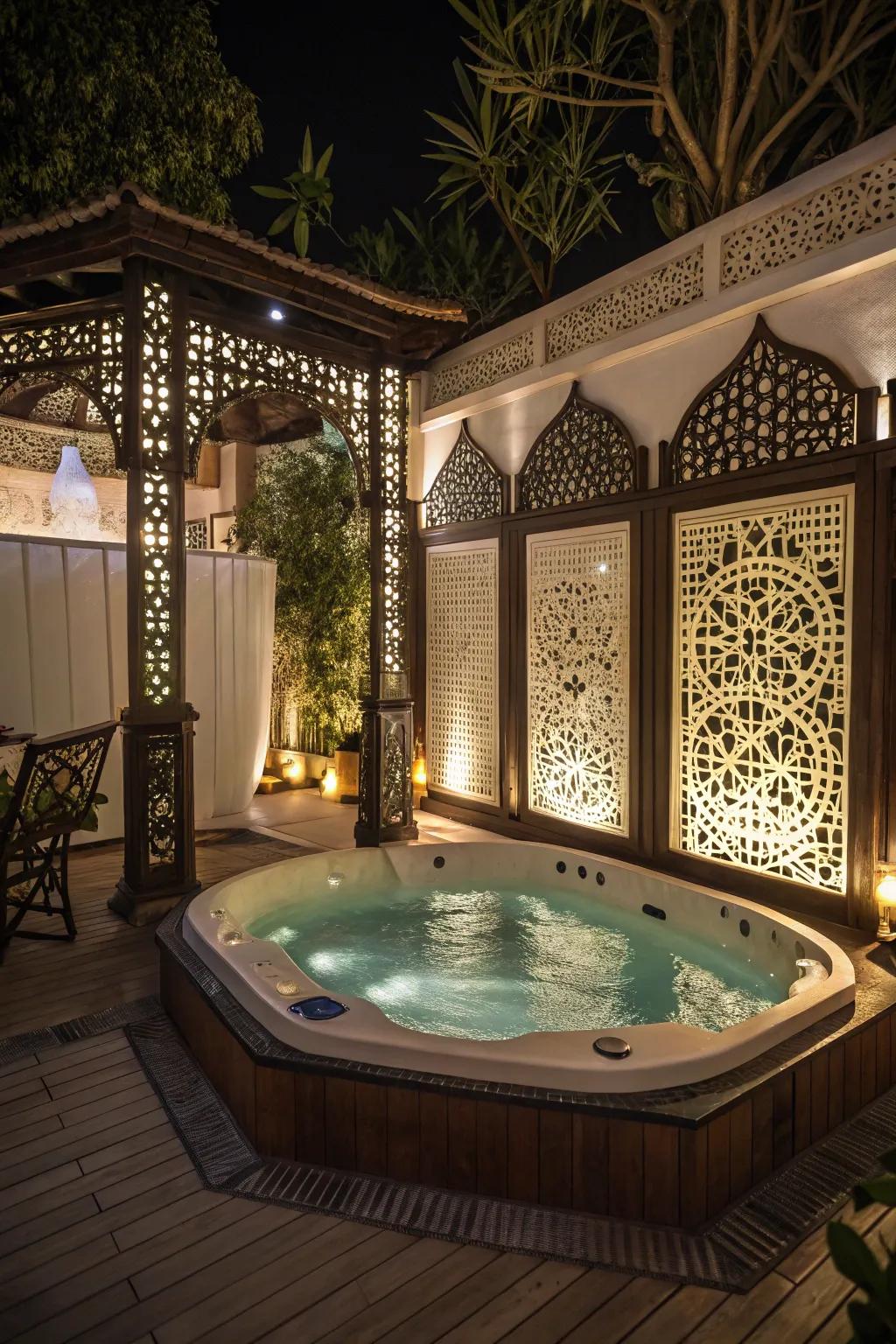 Ornamental partitions add style and privacy to your hot tub space.